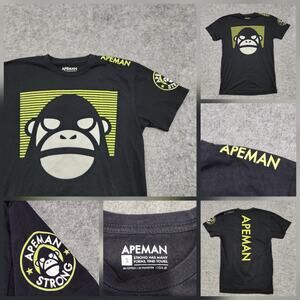 Apeman Strong Mens S Small Black Double Sided Graphic T‎ Shirt Spellout Ape